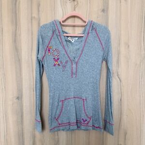 Y2K Roxy Henley Thermal Hooded Long Sleeve Size M Gray Pink Graphic Skate Surf